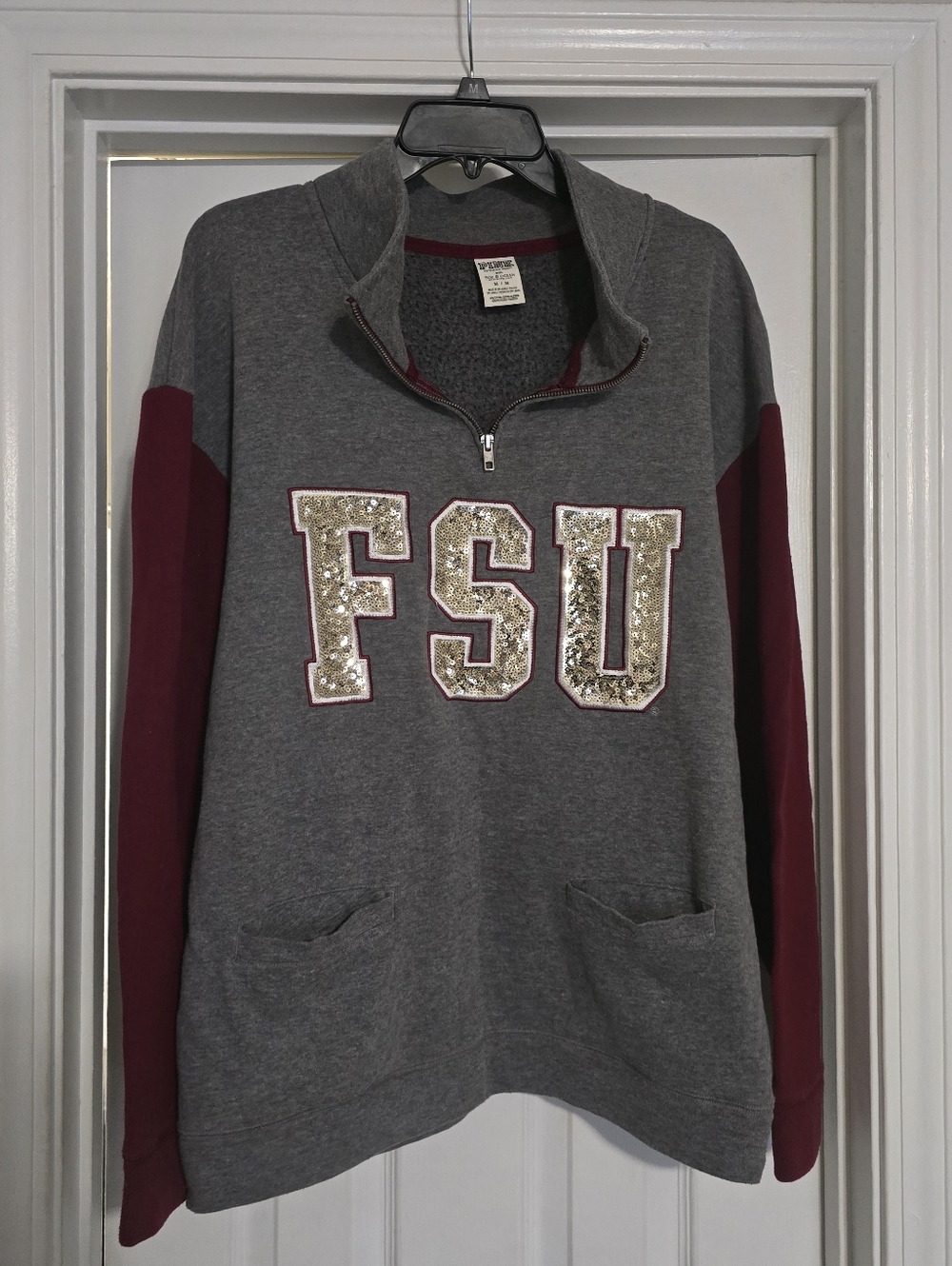 Victoria's Secret FSU Grey & Maroon Quarter-Zip Sequin Logo Sweater